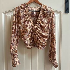 Free People I Got You Blouse Top Long Sleeve Crop Top Floral Brown Orange Small